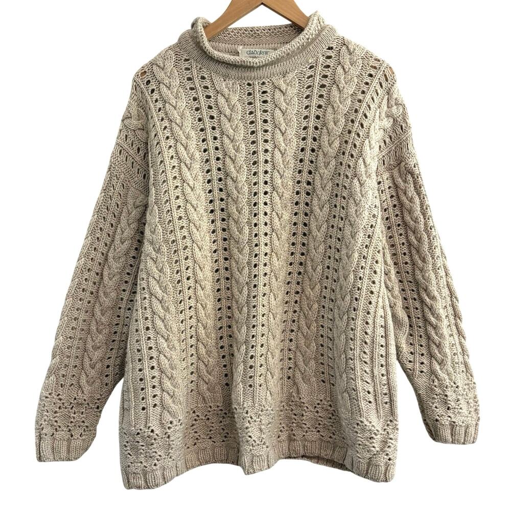 Vintage Cladyknit Aran Ireland 100% Merino Wool Cable Knit Fisherman Sweater XL